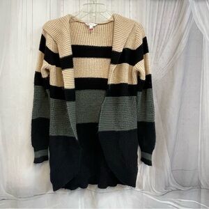 No Boundaries Knit Sweater Cream Green Black Striped Hooded Cardigan M